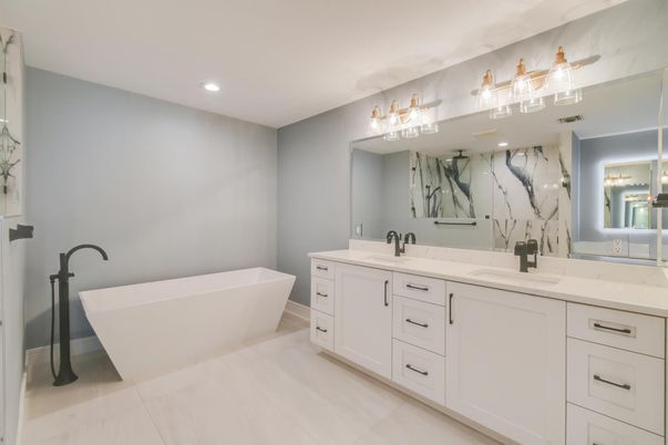 Bathroom, Dual Sink Vanities, Free Standing Baths, Interior, Marble Walls, Recessed Lighting