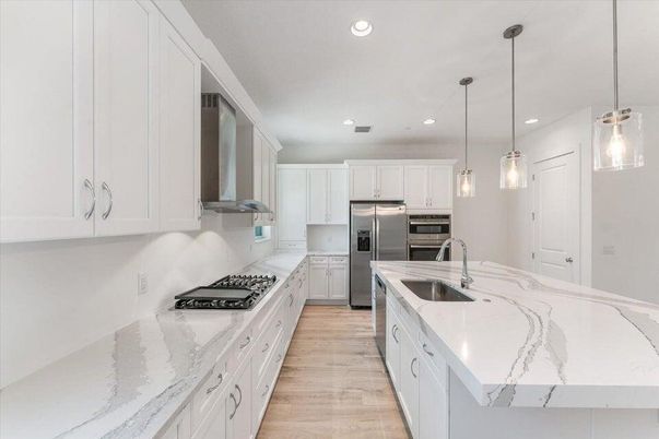 Interior, Kitchen, Pendant Lights, Recessed Lighting, Stainless Steel Appliances, Wood Texture Flooring