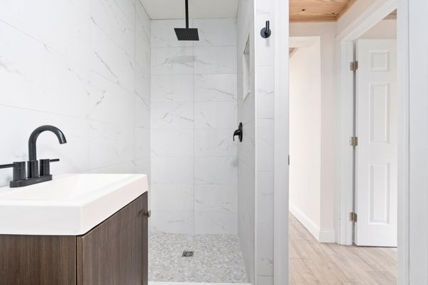 Bathroom, Interior, Marble Walls, Wood Texture Flooring