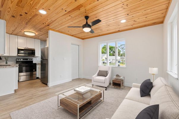 Interior, Kitchen, Living room, Recessed Lighting, Stainless Steel Appliances, Wooden Ceilings, Wood Texture Flooring