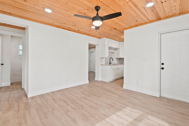 Empty room, Interior, Kitchen, Recessed Lighting, Wooden Ceilings, Wood Texture Flooring