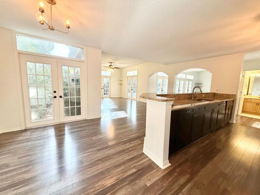 Chandelier, Empty room, Interior, Kitchen, Wood Texture Flooring
