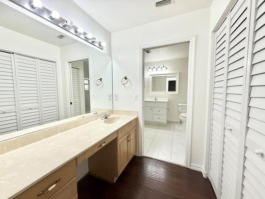Bathroom, Dual Sink Vanities, Interior, Marble, Wood Texture Flooring