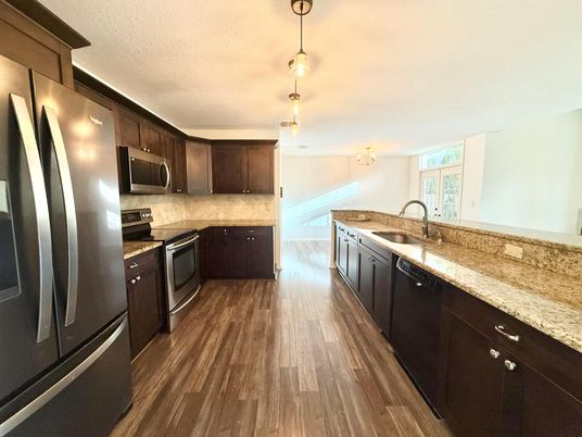 Interior, Kitchen, Pendant Lights, Stainless Steel Appliances, Wood Texture Flooring
