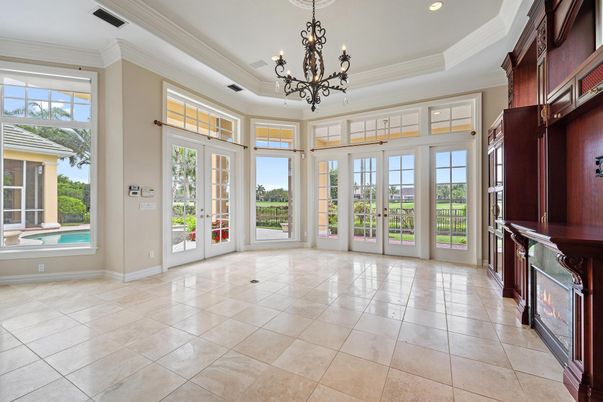 Chandelier, Empty room, Fireplace, Interior, Recessed Lighting