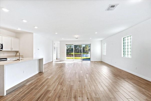 Empty room, Interior, Kitchen, Recessed Lighting, Wood Texture Flooring