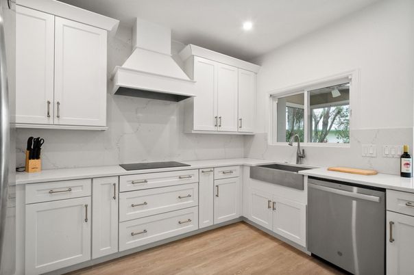 Interior, Kitchen, Marble Walls, Recessed Lighting, Wood Texture Flooring