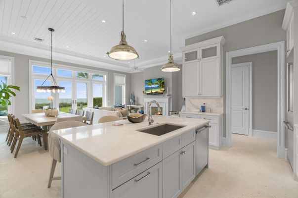 Dining room, Fireplace, Interior, Kitchen, Living room, Pendant Lights, Recessed Lighting, Water