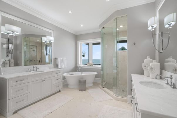 Bathroom, Dual Sink Vanities, Free Standing Baths, Glass Shower, Interior, Recessed Lighting, Water
