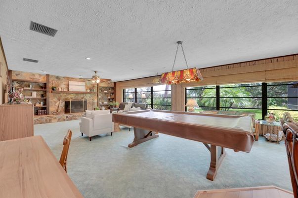 Billiard Table, Fireplace, Game Room, Interior, Living room, Pendant Lights, Recessed Lighting