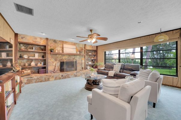 Fireplace, Interior, Living room, Recessed Lighting, Stone Walls