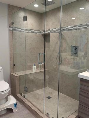 Bathroom, Glass Shower, Interior, Recessed Lighting, Wood Texture Flooring