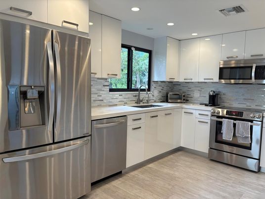 Interior, Kitchen, Recessed Lighting, Stainless Steel Appliances, Wood Texture Flooring