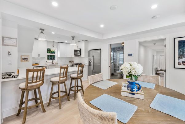 Dining room, Interior, Kitchen, Recessed Lighting, Stainless Steel Appliances, Wood Texture Flooring