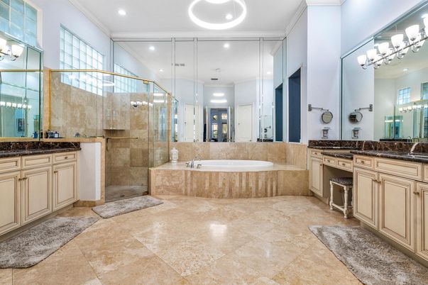 Bathroom, Dual Sink Vanities, Glass Shower, Interior, Recessed Lighting