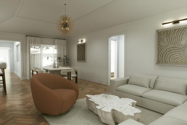 Dining room, Interior, Living room, Pendant Lights, Wood Texture Flooring