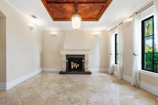 Empty room, Fireplace, Interior, Wooden Ceilings