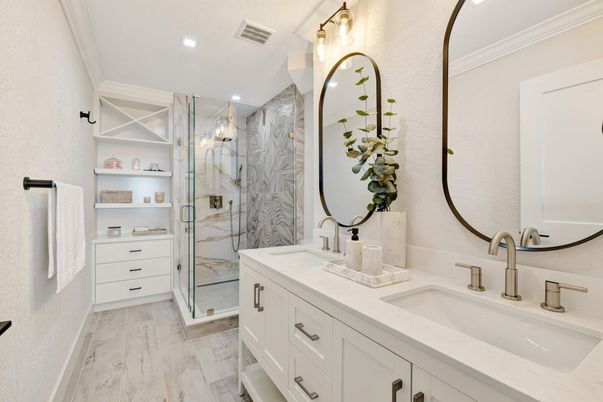 Bathroom, Dual Sink Vanities, Glass Shower, Interior, Marble, Marble Walls, Recessed Lighting