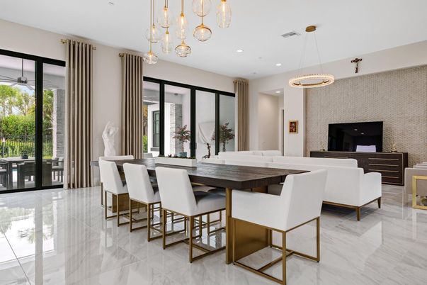 Dining room, Interior, Living room, Marble, Pendant Lights, Recessed Lighting