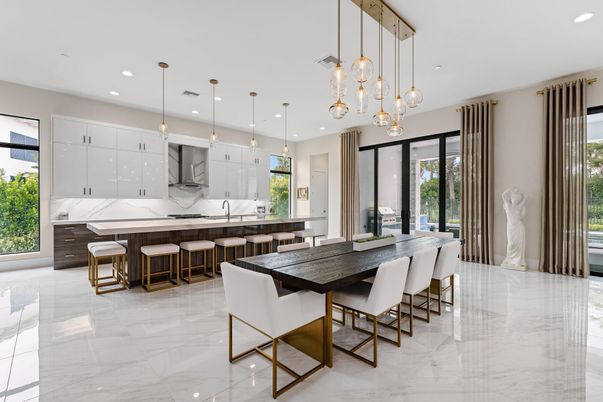 Dining room, Interior, Kitchen, Marble, Pendant Lights, Recessed Lighting