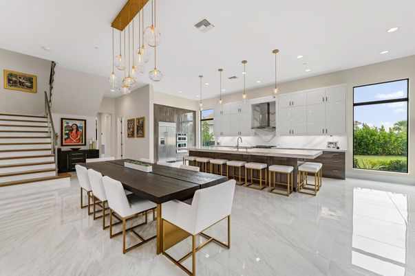 Interior, Kitchen, Marble, Pendant Lights, Recessed Lighting, Stainless Steel Appliances