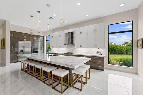 Interior, Kitchen, Marble, Pendant Lights, Recessed Lighting, Stainless Steel Appliances