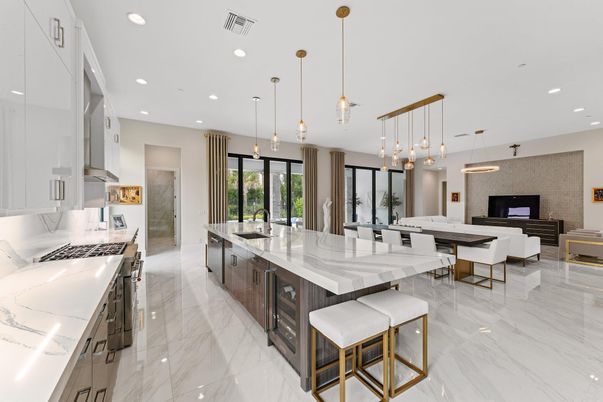 Dining room, Fireplace, Interior, Kitchen, Living room, Marble, Pendant Lights, Recessed Lighting