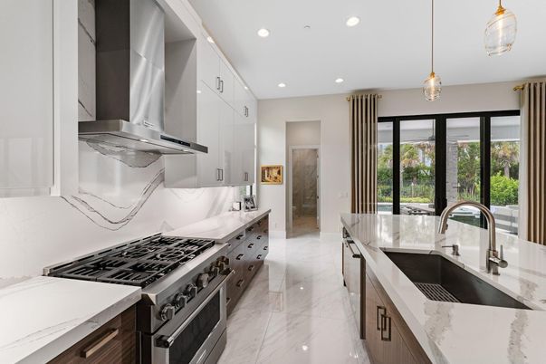 Interior, Kitchen, Marble, Pendant Lights, Recessed Lighting, Stainless Steel Appliances