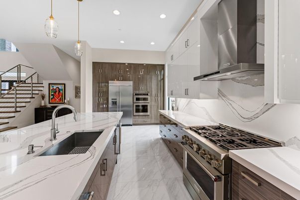 Interior, Kitchen, Marble, Pendant Lights, Recessed Lighting, Stainless Steel Appliances