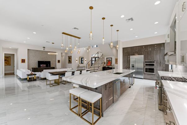 Dining room, Fireplace, Interior, Kitchen, Living room, Marble, Pendant Lights, Recessed Lighting, Stainless Steel Appliances