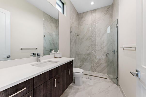 Bathroom, Glass Shower, Interior, Marble, Marble Walls, Recessed Lighting