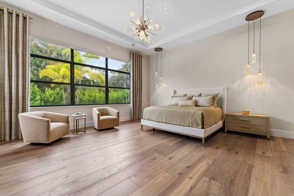 Bedroom, Interior, Pendant Lights, Recessed Lighting, Wood Texture Flooring