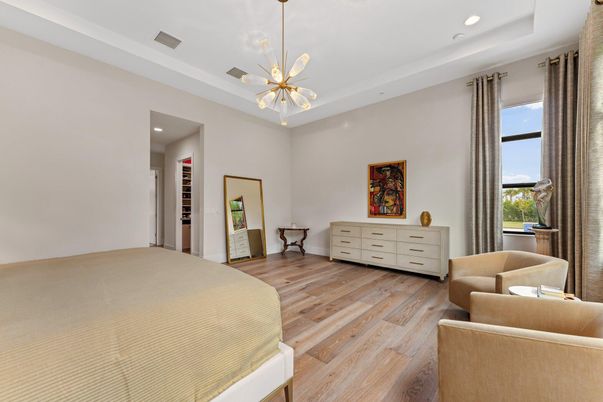 Bedroom, Interior, Pendant Lights, Recessed Lighting, Wood Texture Flooring