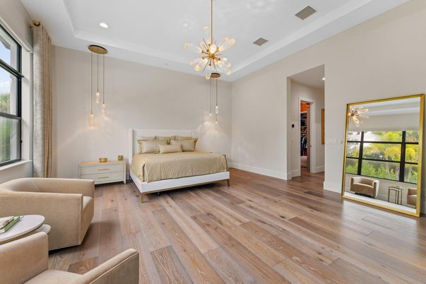 Bedroom, Interior, Pendant Lights, Recessed Lighting, Wood Texture Flooring