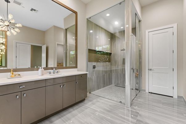 Bathroom, Dual Sink Vanities, Glass Shower, Interior, Pendant Lights, Recessed Lighting