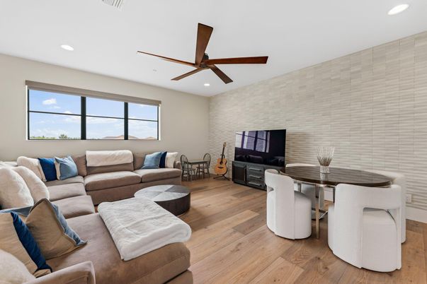 Dining room, Interior, Living room, Recessed Lighting, Stone Walls, Wood Texture Flooring