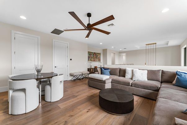 Dining room, Interior, Living room, Pendant Lights, Recessed Lighting, Wood Texture Flooring