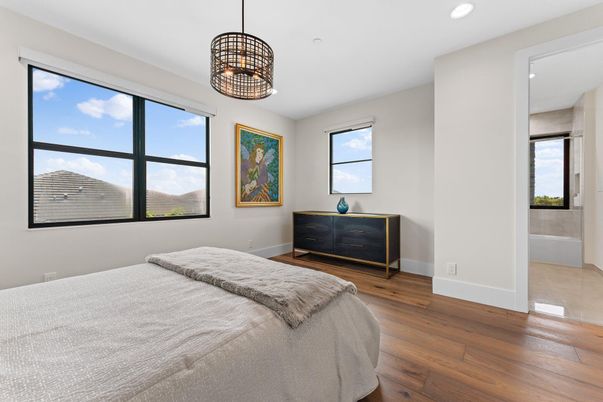 Bedroom, Interior, Pendant Lights, Recessed Lighting, Wood Texture Flooring