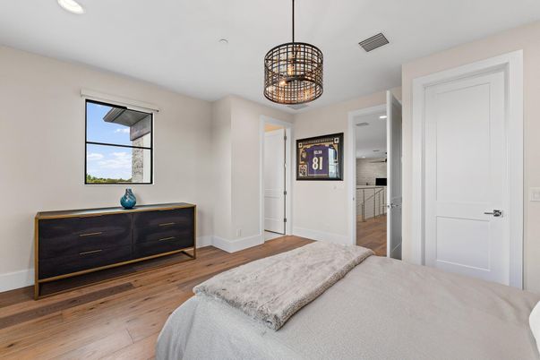 Bedroom, Interior, Pendant Lights, Recessed Lighting, Wood Texture Flooring
