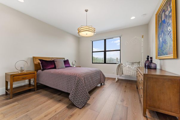 Bedroom, Interior, Pendant Lights, Recessed Lighting, Wood Texture Flooring