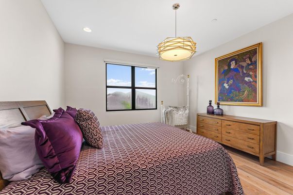 Bedroom, Interior, Pendant Lights, Recessed Lighting, Wood Texture Flooring