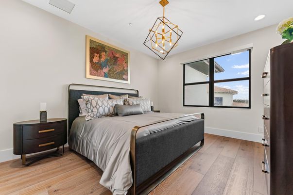 Bedroom, Interior, Pendant Lights, Recessed Lighting, Wood Texture Flooring