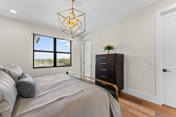 Bedroom, Interior, Pendant Lights, Recessed Lighting, Wood Texture Flooring
