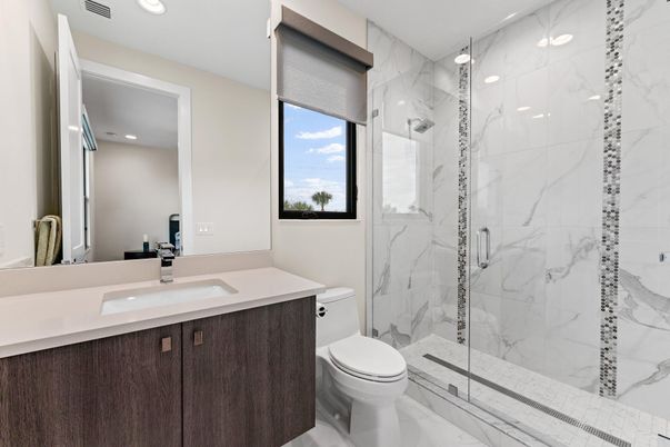 Bathroom, Glass Shower, Interior, Marble, Marble Walls, Recessed Lighting