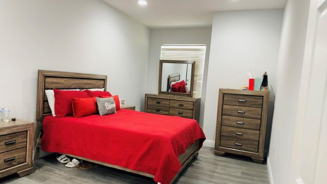 Bedroom, Interior, Recessed Lighting, Wood Texture Flooring