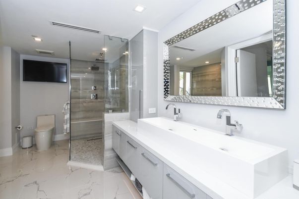 Bathroom, Dual Sink Vanities, Glass Shower, Interior, Marble, Recessed Lighting
