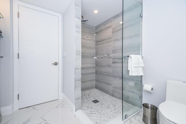 Bathroom, Glass Shower, Interior, Marble, Recessed Lighting