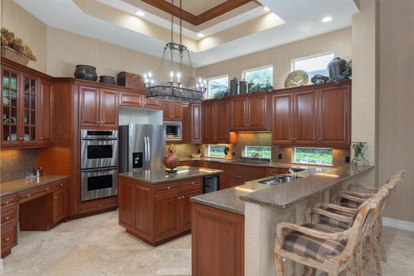 Chandelier, Interior, Kitchen, Pendant Lights, Recessed Lighting, Stainless Steel Appliances