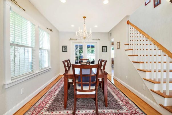 Chandelier, Dining room, Interior, Recessed Lighting, Wood Texture Flooring