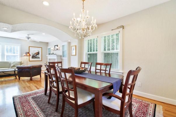 Chandelier, Dining room, Fireplace, Interior, Living room, Recessed Lighting, Wood Texture Flooring